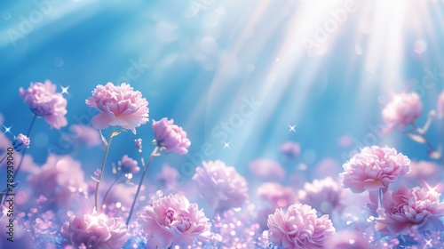   A field filled with pink blooms beneath a blue sky, centered by a starburst photo