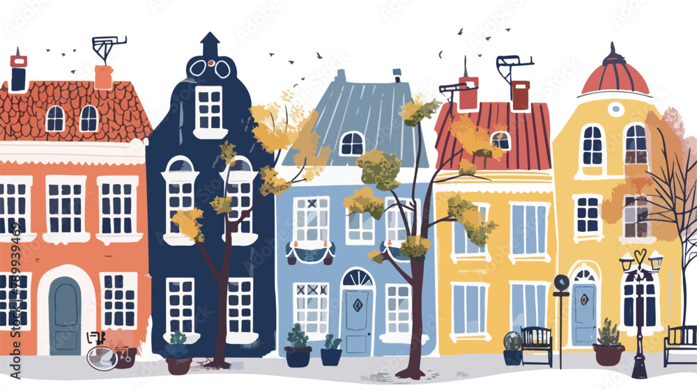 Street landscape with colorful european houses. vector