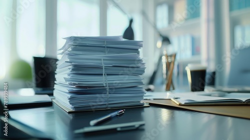 Stack of office report papers