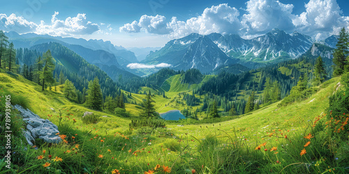 Beautiful green grassy mountain landscape with blue sky and clouds in the background,