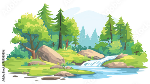 Summer landscape with forest and river. Vector flat s