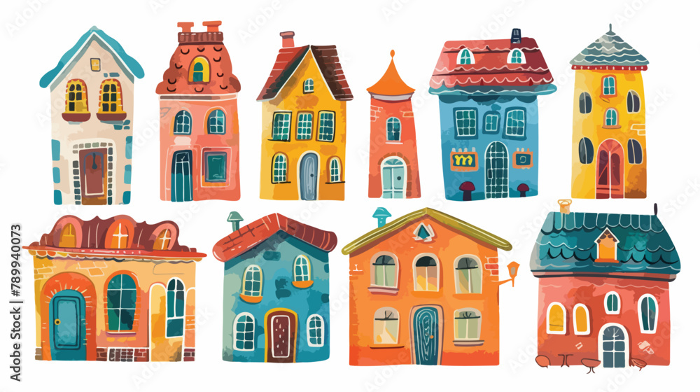 Set of detailed colorful houses. Vector flat illustration