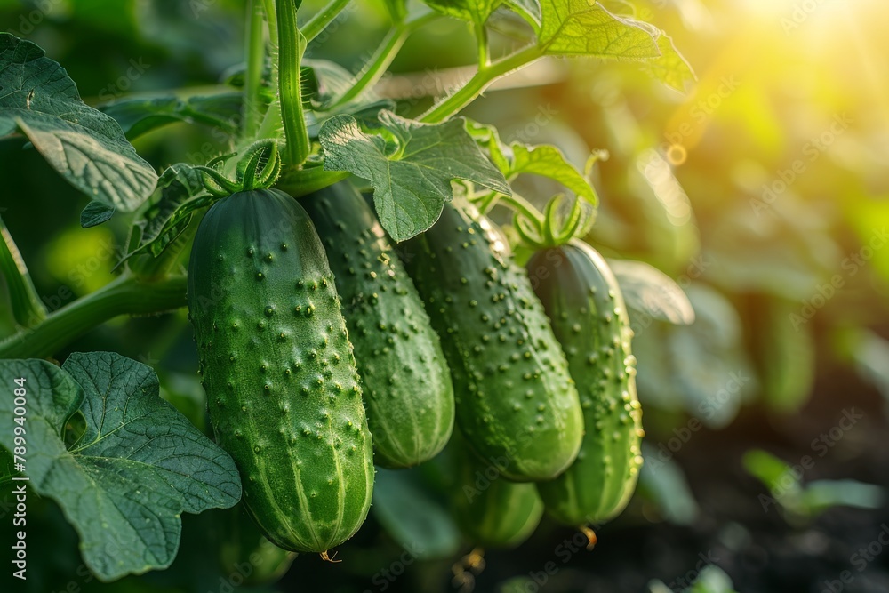 Lush cucumber plants with ripe cucumbers ready for harvest lit by a sunny glow in the plantation Lush cucumber plants with ripe cucumbers ready for harvest lit by a sunny glow in the plantation