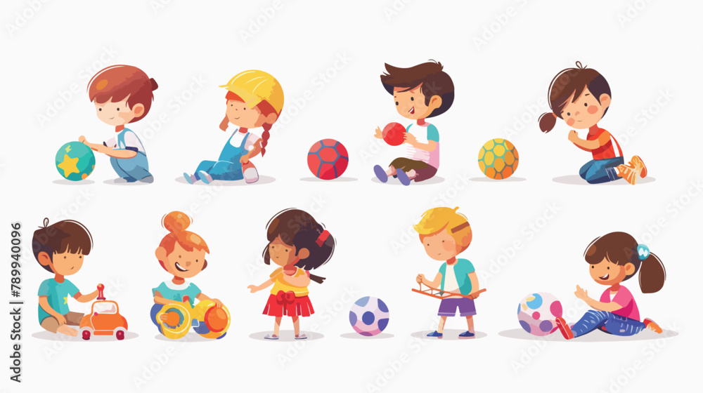 Set of different kids with toys and balls. Vector 