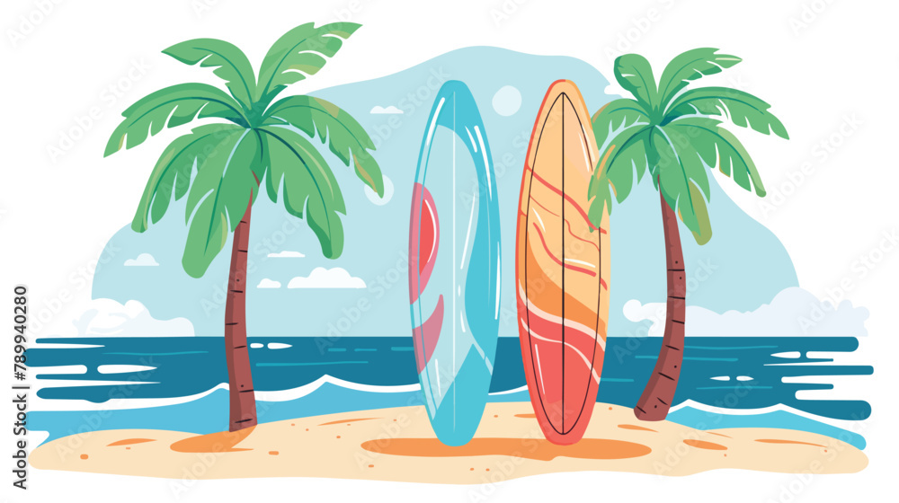 Surfboards on a beach. Palm tree and blue sea. Vector