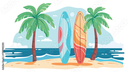 Surfboards on a beach. Palm tree and blue sea. Vector © Nova