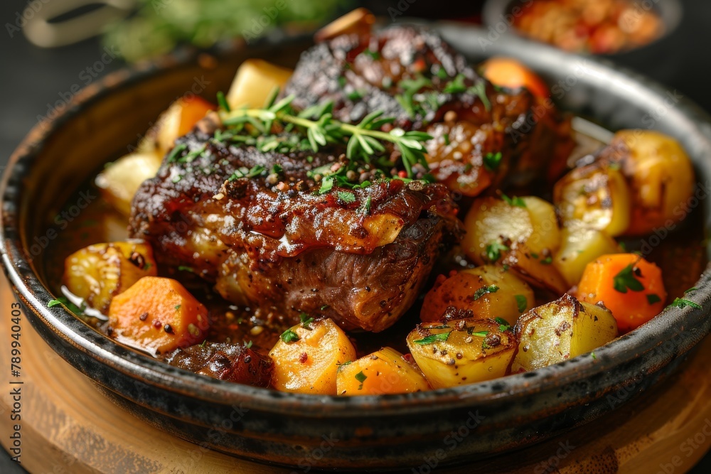 A mouthwatering dish of braised beef with roasted potatoes and fresh herbs, perfectly cooked for a gourmet meal A mouthwatering dish of braised beef with roasted potatoes and fresh herbs, perfectly cooked for a gourmet meal