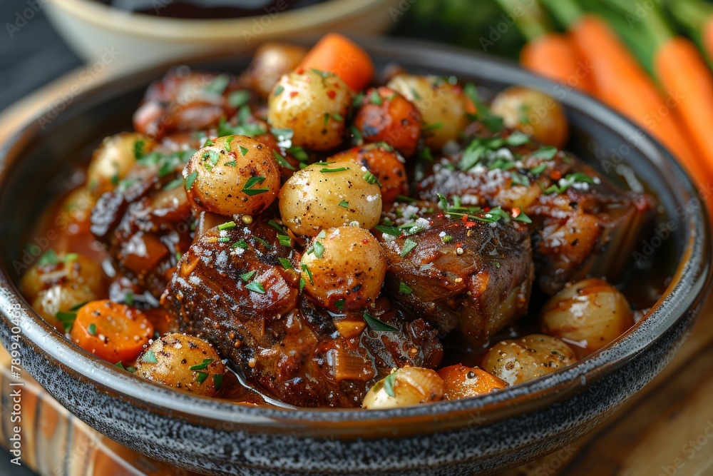 This image features a close-up of savory braised beef with herbs and baby potatoes, emphasizing the food textures This image features a close-up of savory braised beef with herbs and baby potatoes, emphasizing the food textures