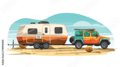 Suv car and camper trailers caravan. Desert landscape