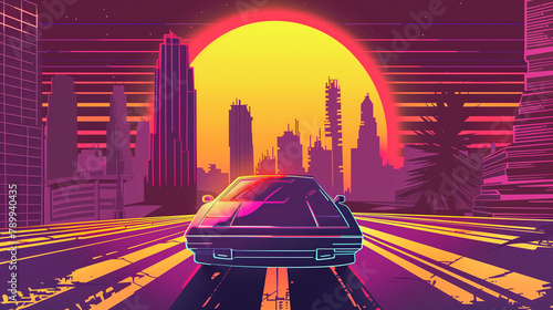 copy space, Summer vibes 80s style illustration, car driving, skyscrapers in background, comic style. Nostalic 80’s poster. 80’s background for poster. Nostalic adventure mockup. Print for T-shirt. photo