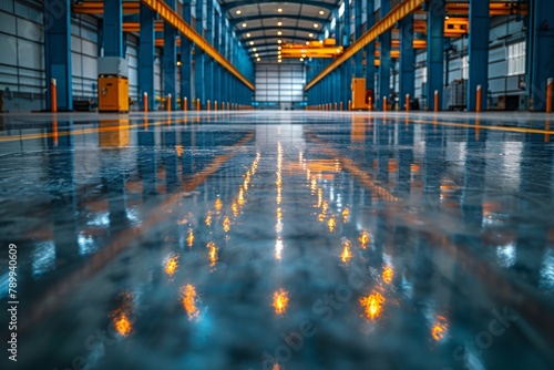The glossy reflective floor in a blue-toned industrial hall with bright orange lighting pillars