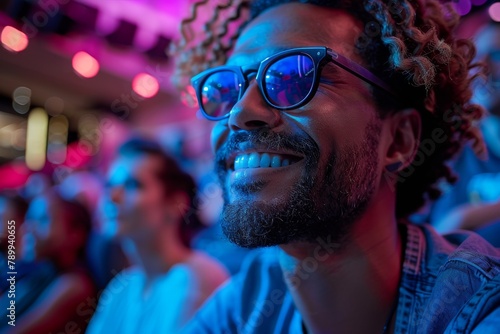 A vibrant photograph capturing the energy and color of a crowd at a lively event illuminated by neon lights, faces blurred for anonymity