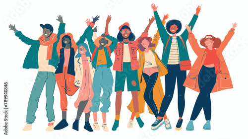 Happy group of young people. Hand drawn style vector