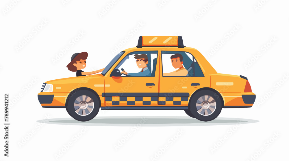 Taxi with Smiling driver and passenger in Windows