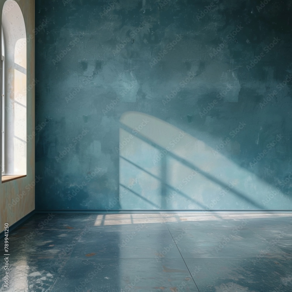 Obraz premium A large, empty room with a blue wall and a window. The room is bare and empty, with no furniture or decorations. The blue wall and the window create a sense of calm and serenity
