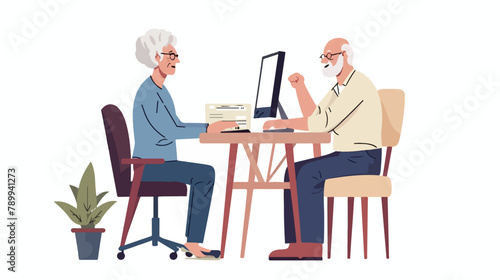 Teaching an elderly person on a computer. Vector flat