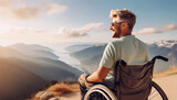 Man in wheelchair enjoys a mountain view. Reflecting on the vast scenery, his content expression speaks of freedom and the joy of nature's embrace.