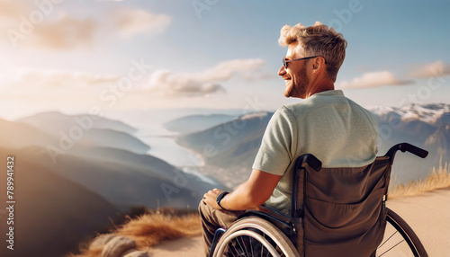 Man in wheelchair enjoys a mountain view. Reflecting on the vast scenery, his content expression speaks of freedom and the joy of nature's embrace.