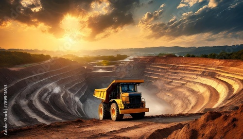 A truck navigates a spiraling open-pit mine at sunset. Vast terraces of the excavation site, underscored by the setting sun. photo