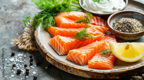 A plate holds salmon topped with dill, lemon slices, and sour cream Salt and pepper are beside it for seasoning