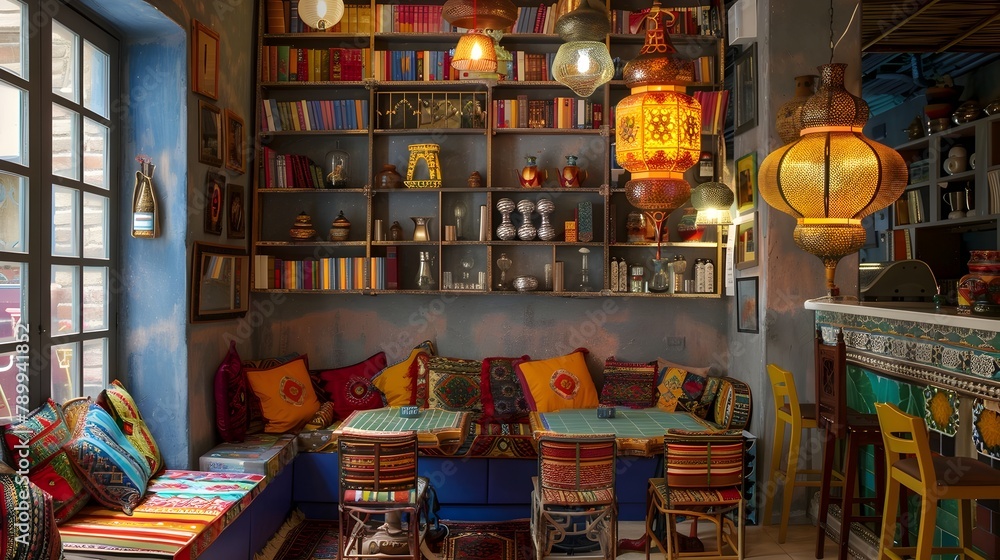 Cozy and Vibrant Moroccan-Inspired Living Room with Colorful Textiles and Eclectic Decor