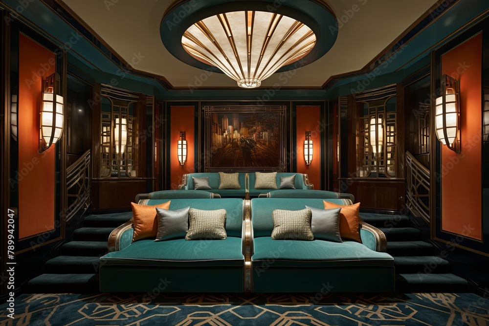 Obraz premium Tiered Seating Bliss: Art Deco Inspired Cinema Room Designs for Optimal Viewing