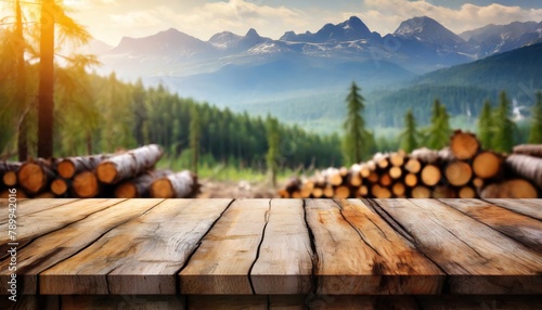 Wooden table overlooks a scenic mountain vista, forestry in the backdrop. Planks give a grounded perspective to the wild expanse beyond, nature's stage set. photo
