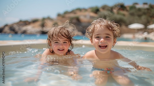 Two toddlers happily splashing in pool water, smiling under summer sky © Валерія Ігнатенко