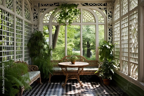 Lattice Windows: Art Nouveau Conservatory Patio Decor with Lush Greenery