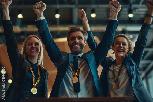 Three elated professionals raise their hands in victory, proudly wearing medals, celebrating a momentous achievement in their careers