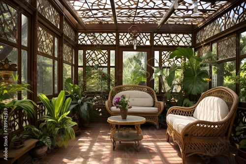 Pressed Tin Ceiling Elegance: Art Nouveau Conservatory Patio Decors with Wicker Baskets