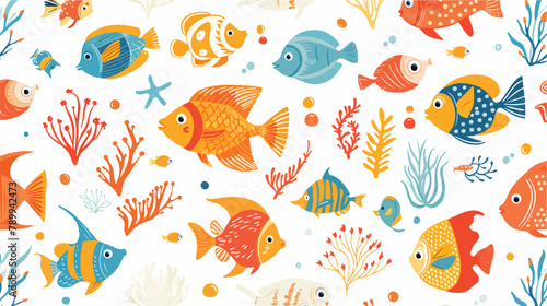 Seamless tropical sea pattern cute funny fishes
