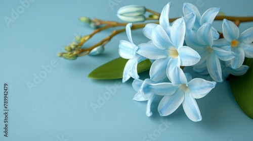   A tight shot of a collection of flowers against a blue backdrop  featuring a solitary green leaf nearby
