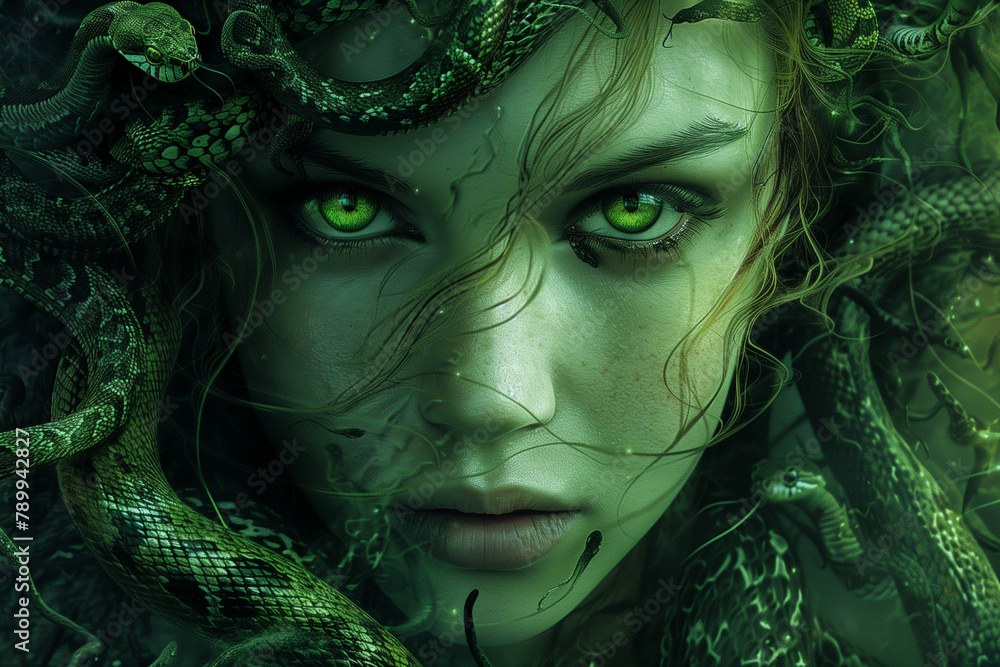 A mysterious woman with vivid green eyes and snake hairs