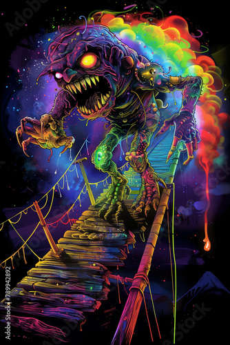 A vivid artwork blending horror and psychedelia, featuring a monstrous figure climbing a rickety bridge against a cosmic, neon-infused backdrop