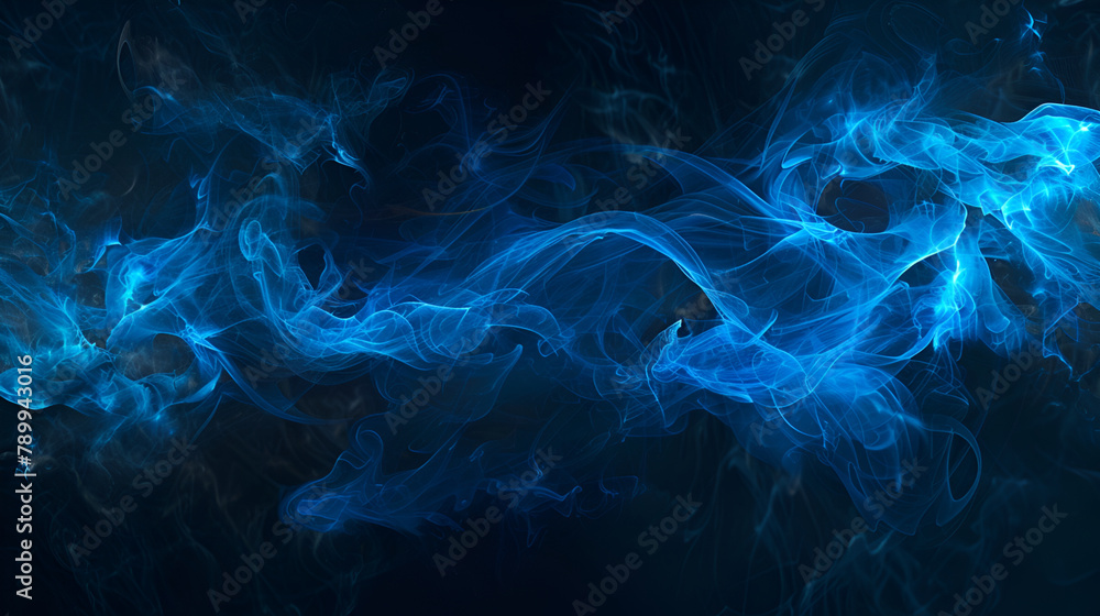 Blue smoke texture on dark background, abstract magic swirl of steam, Concept of effect, pattern, fairy tale lines, Dark street reflection on the wet pavement. Rays neon light in the dark
