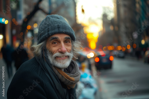 Navigating the streets with a grin, a homeless sage carries wisdom without walls, copy space photo