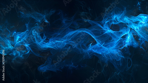 Blue smoke texture on dark background, abstract magic swirl of steam, Concept of effect, pattern, fairy tale lines, Dark street reflection on the wet pavement. Rays neon light in the dark 