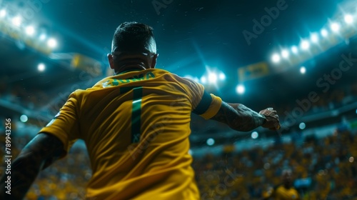 back view, Cinematic photograph of a soccer player arturo vidal playing a ecuador yellow soocer team t-shirt, scoring a header goal ultra realistic detail photo