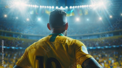 back view, Cinematic photograph of a soccer player arturo vidal playing a ecuador yellow soocer team t-shirt, scoring a header goal ultra realistic detail