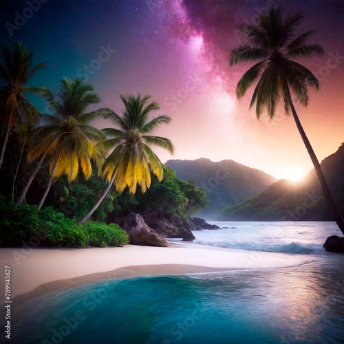 Illustration. Fantastic seascape. The night starry sky and the setting sun.