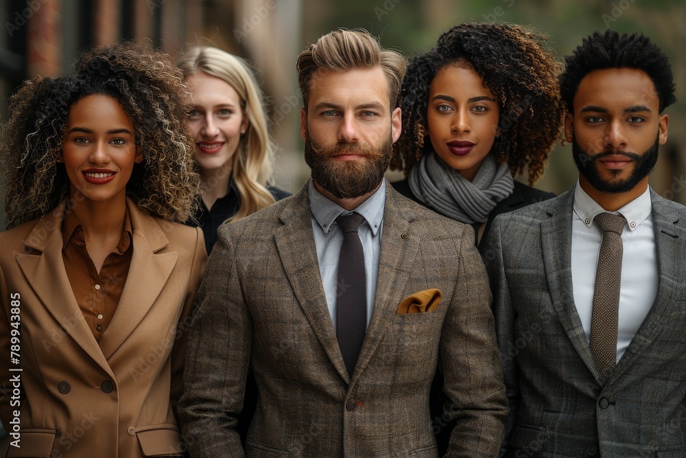 A well-dressed group of diverse young adults in professional business attire