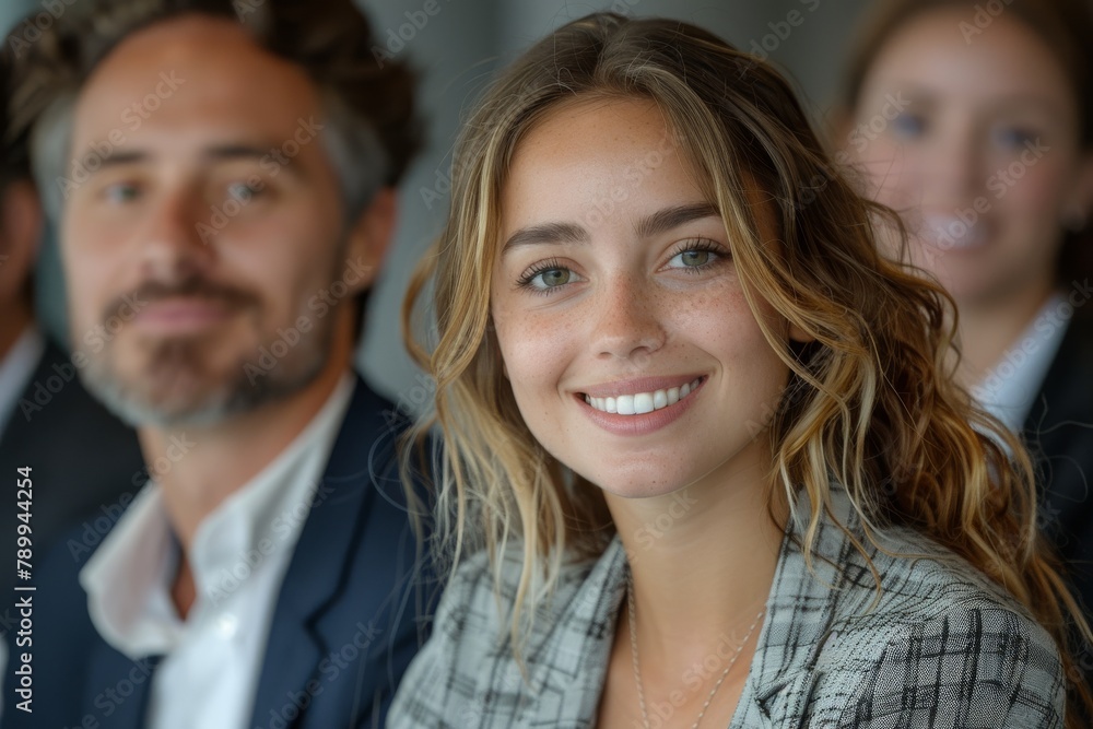 A young woman with blond hair and a checkered blazer smiles warmly, standing in a business environment with colleagues A young woman with blond hair and a checkered blazer smiles warmly, standing in a business environment with colleagues
