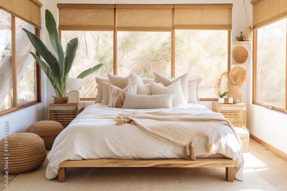 Fototapeta premium Boho Surf Shack Bedroom Ideas: Bamboo Shades and Natural Light Control Inspiration