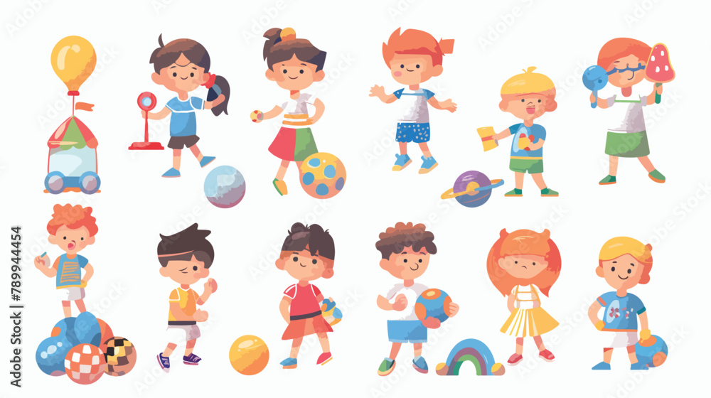 Set of different kids with toys and balls. Vector flat