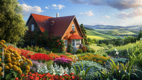 A charming countryside scene with rolling hills, quaint farmhouses, and colorful fields of blooming flowers stretching to the horizon
