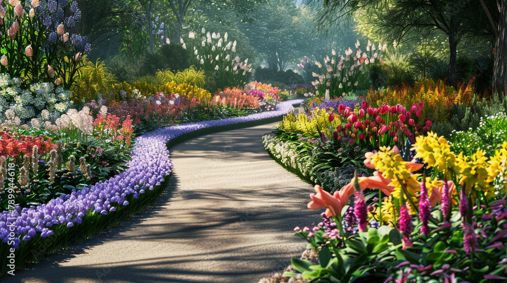 A beautiful garden pathway lined with blooming flowers of various colors and shapes, inviting visitors to take a leisurely stroll and enjoy the scenery