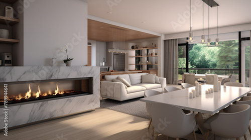  a modern living room with a large sectional sofa  a dining table  and a kitchen  big open concept living room with big couch and high ceilings and modern white blinds  Minimalist interior design