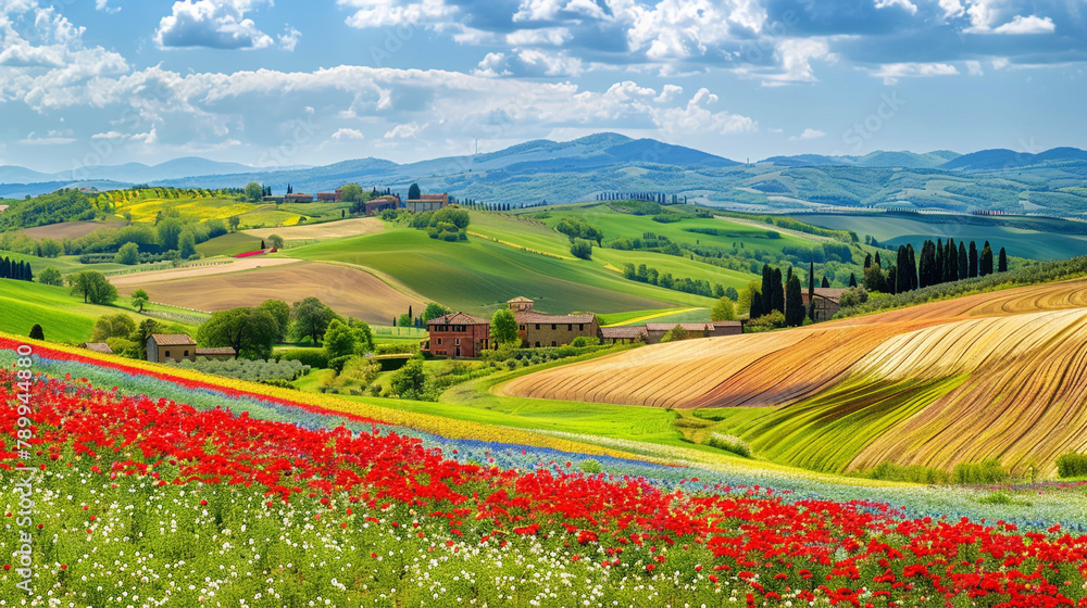 A charming countryside scene with rolling hills, quaint farmhouses, and colorful fields of blooming flowers stretching to the horizon