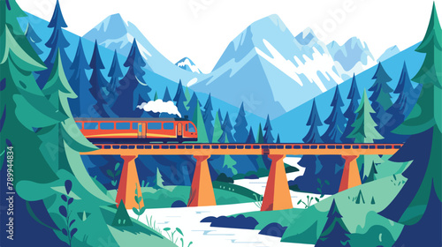 Train on railway and bridge with forest mountains and